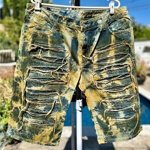 ROBIN’S JEAN SHREDDED FRONT CRYSTAL EMBELLISHED DENIM SHORTS